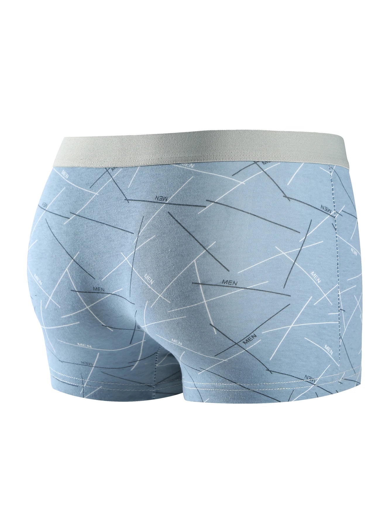 LuckeLadybug men's boxer briefs set in blue with modern geometric patterns on the back