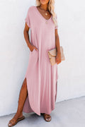 LuckeLadybug LLC Pink T-Shirt and maxi dress with side slits and pockets for a stylish summer look