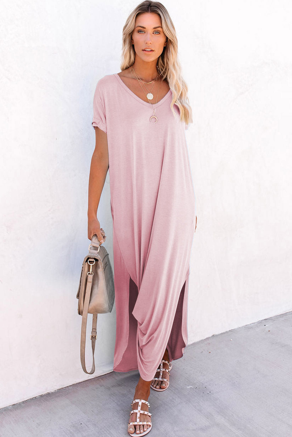 LuckeLadybug LLC T-Shirt and maxi dress in soft pink with stylish side slits and relaxed fit