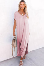 LuckeLadybug LLC T-Shirt and maxi dress in soft pink with stylish side slits and relaxed fit