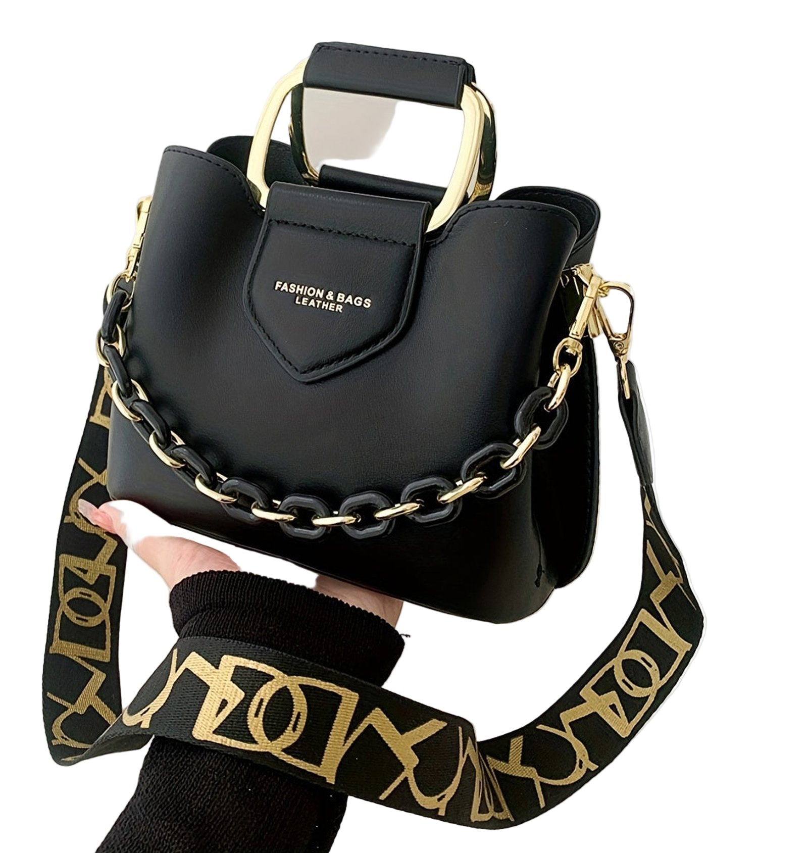 LuckeLadybug fashion top handle bucket bag in black with golden accents and chain strap