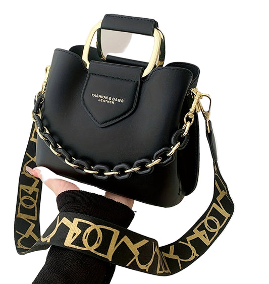 LuckeLadybug fashion top handle bucket bag in black with golden accents and chain strap