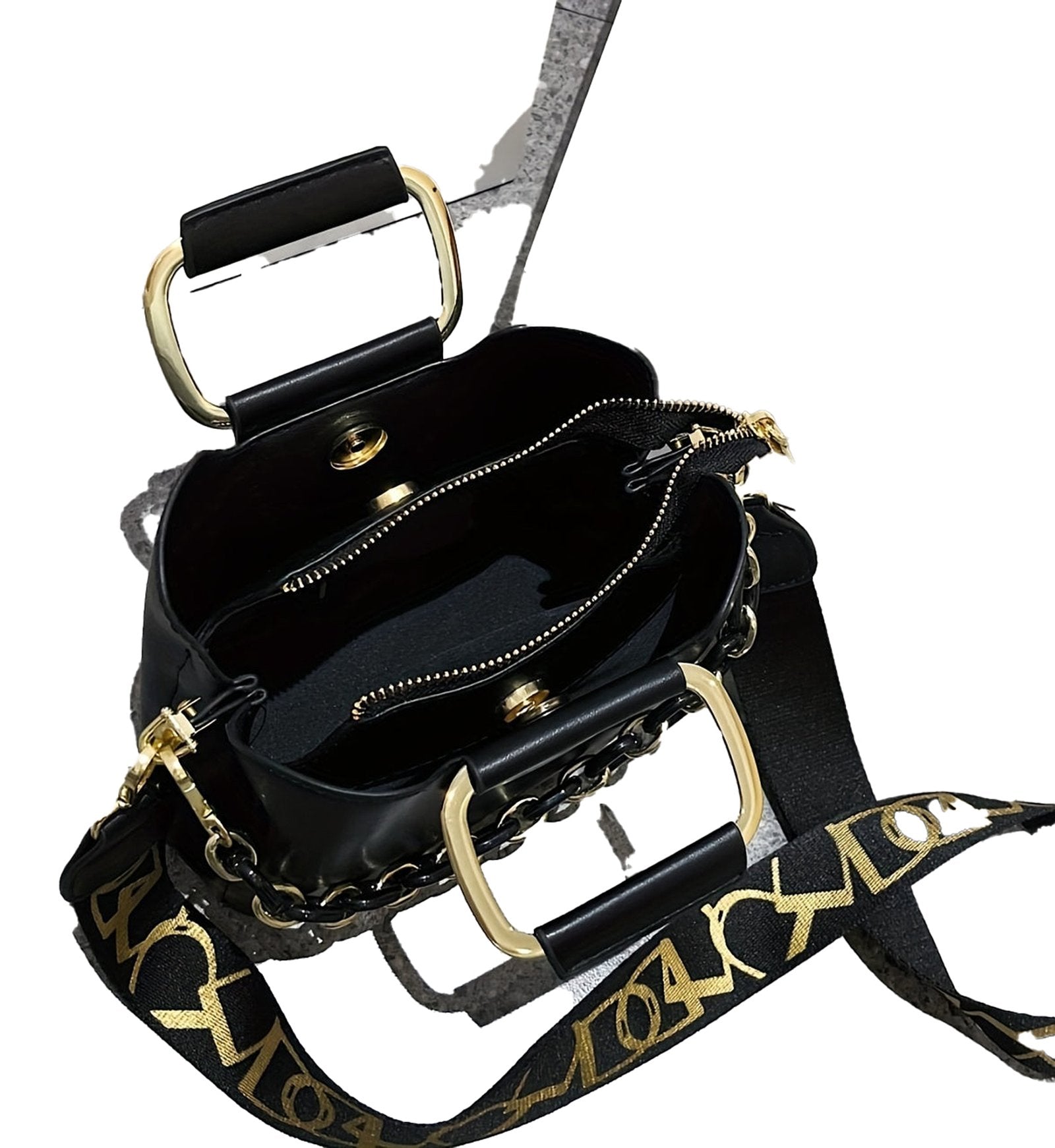 LuckeLadybug fashion top handle bucket bag with gold hardware and multiple compartments for organization