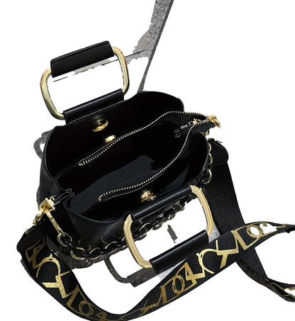 LuckeLadybug fashion top handle bucket bag with gold hardware and multiple compartments for organization