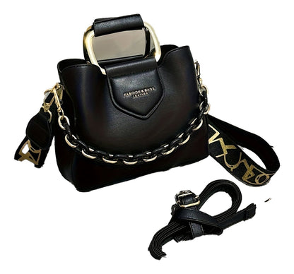 LuckeLadybug LLC fashion top handle bucket bag in black with a gold chain detail and adjustable strap