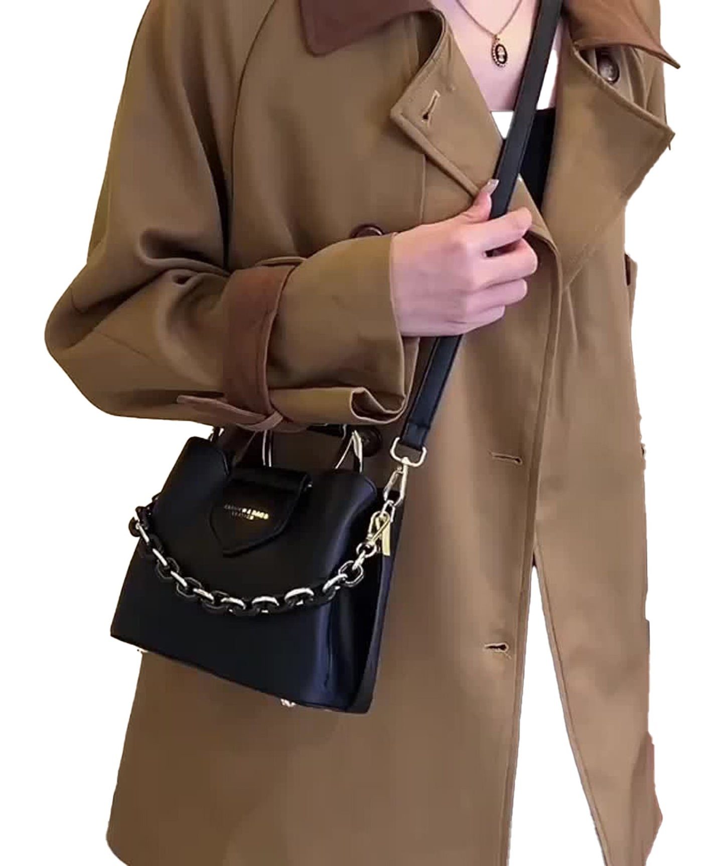 LuckeLadybug fashion top handle bucket bag carried with a stylish coat for a chic look