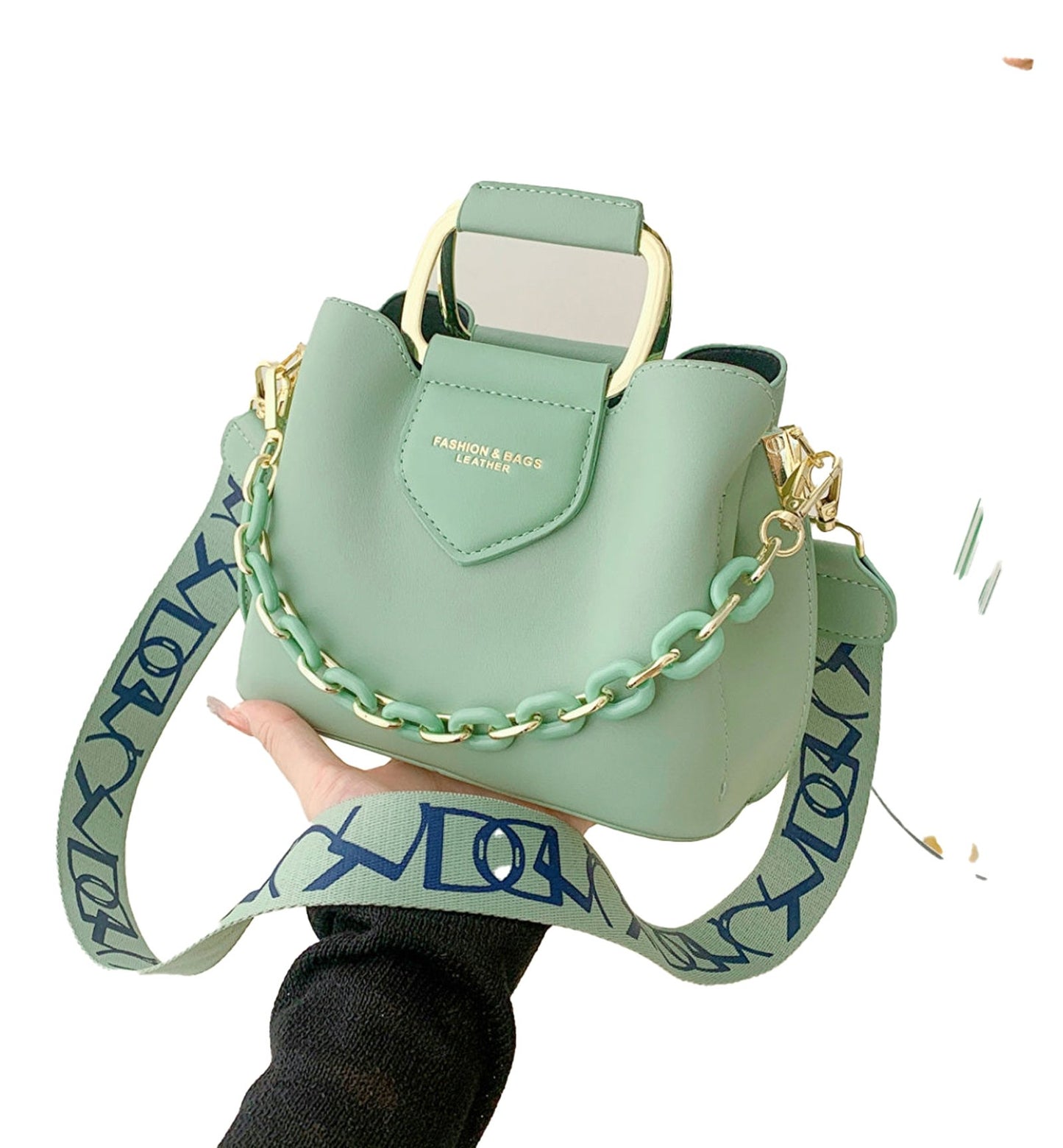 LuckeLadybug LLC fashion top handle bucket bag in green with a stylish chain strap for modern styling