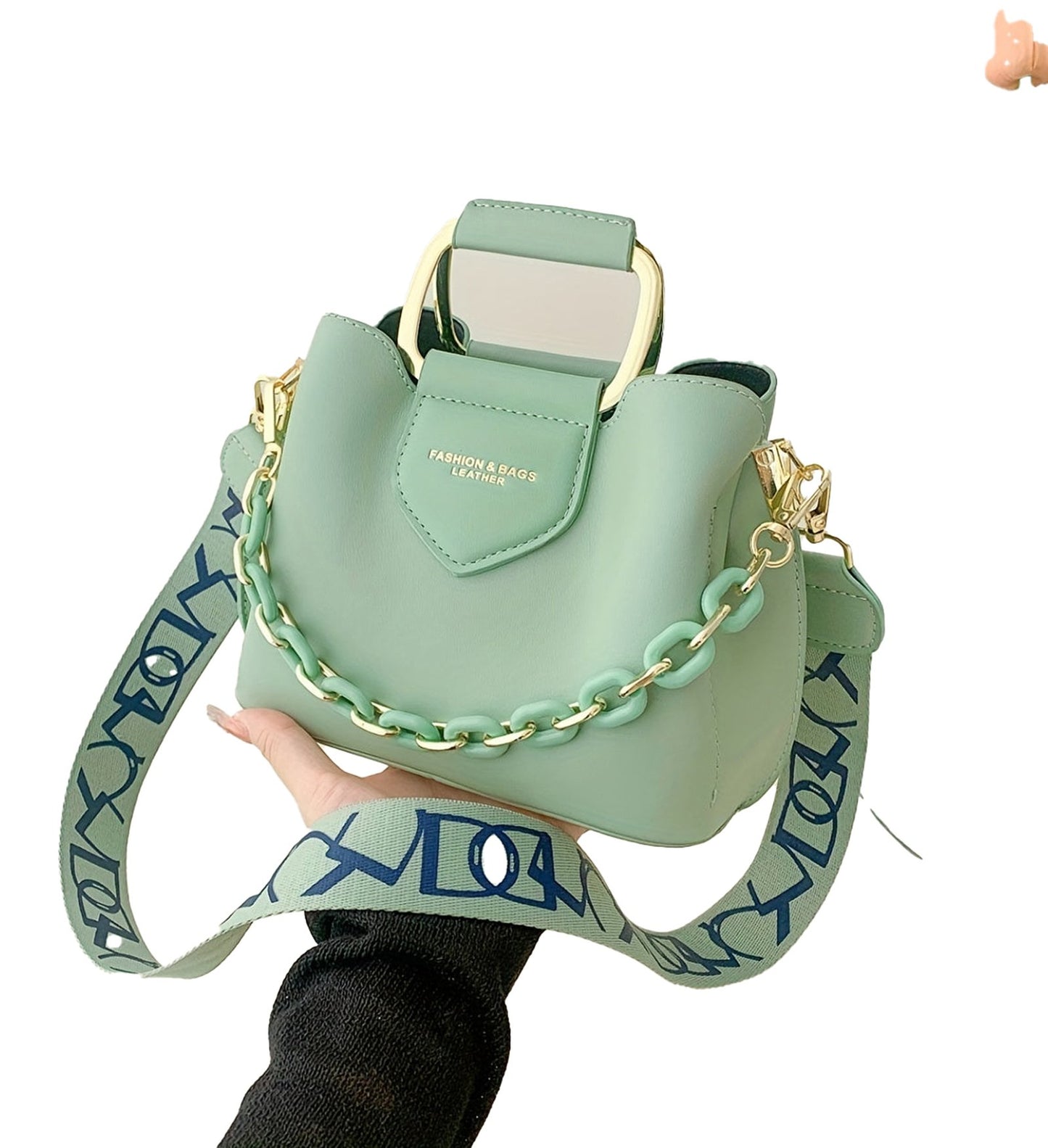 LuckeLadybug LLC fashion top handle bucket bag in green with unique chain strap and stylish design