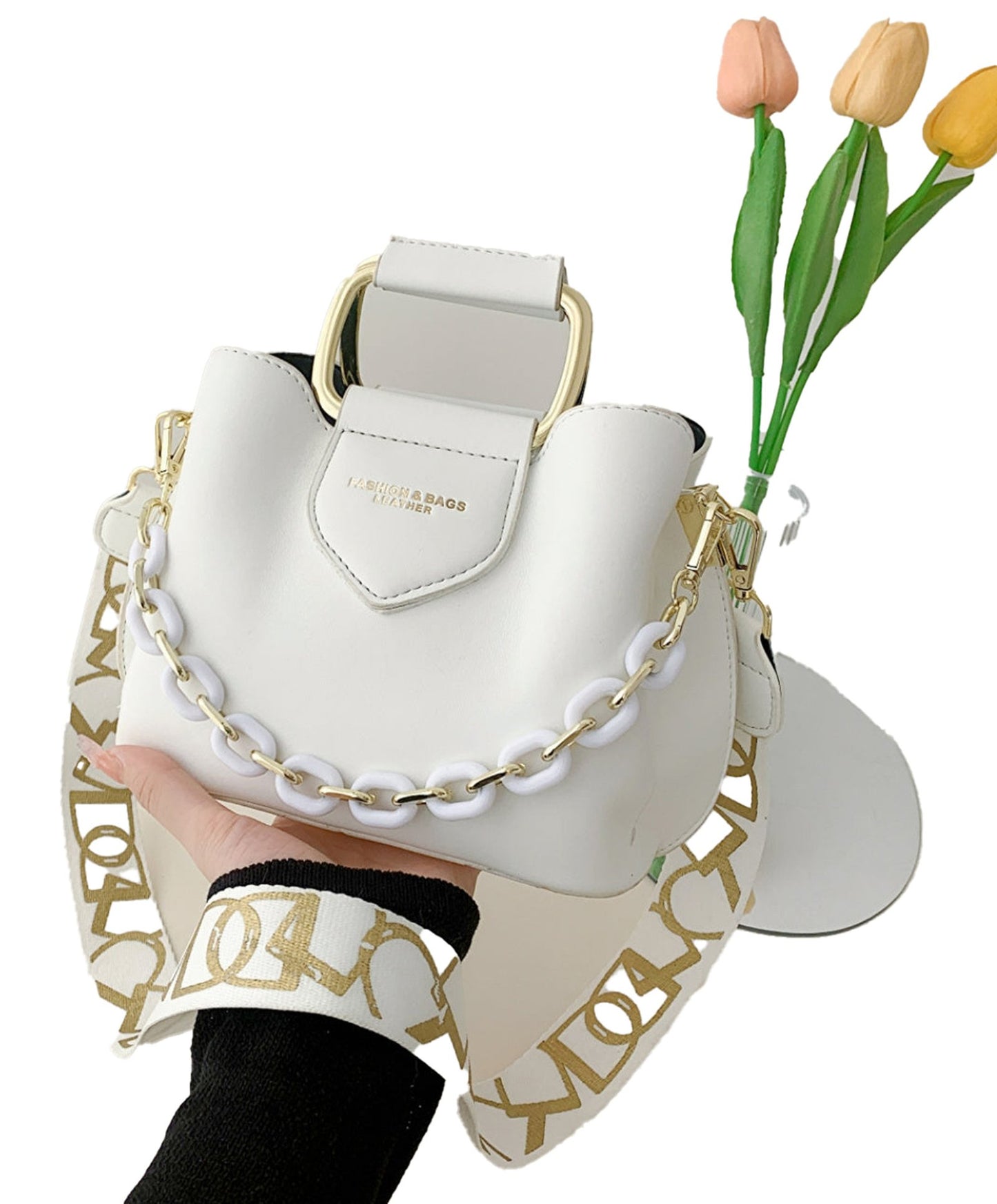 LuckeLadybug LLC fashion top handle bucket bag with stylish chain detail and adjustable strap