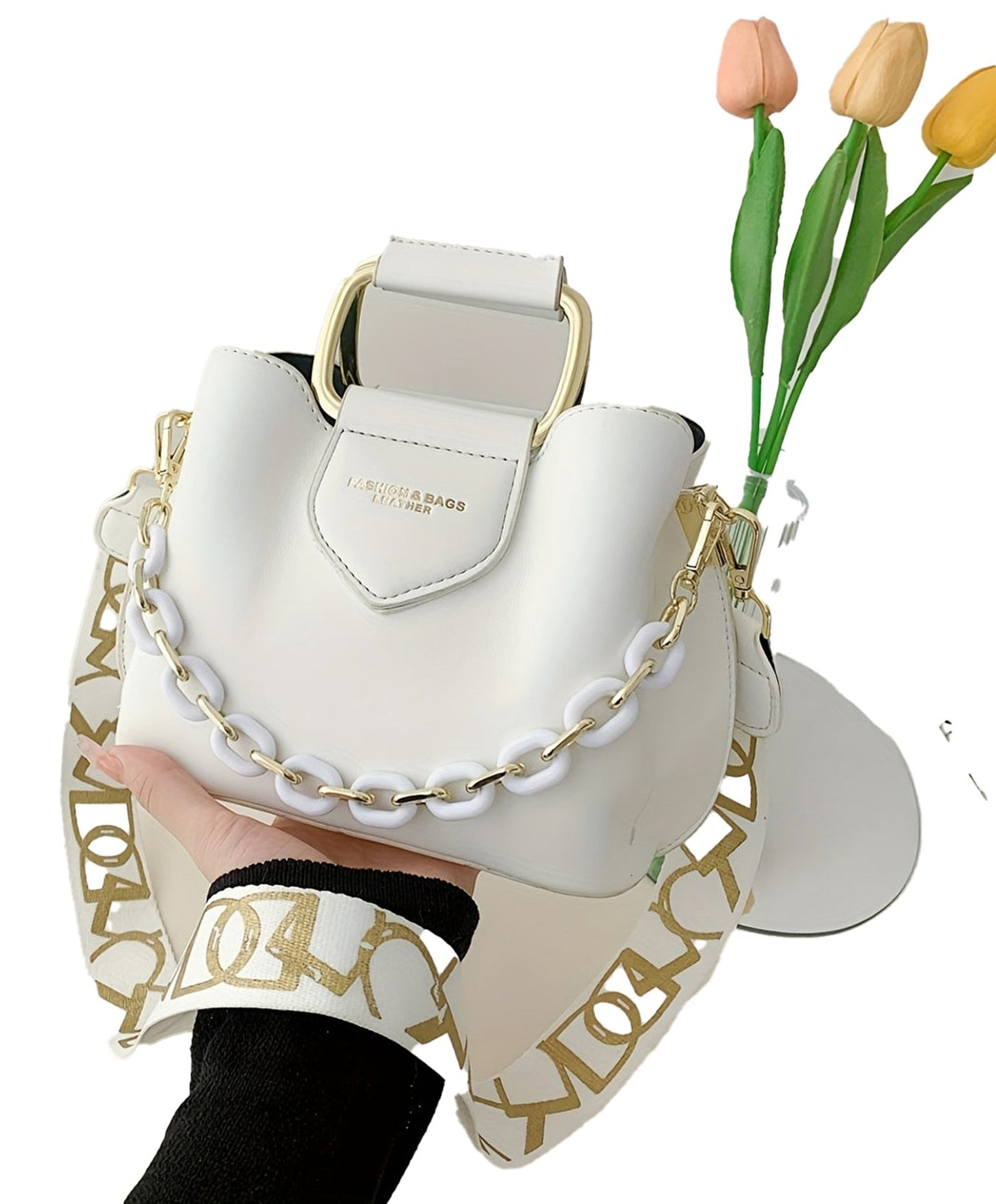 LuckeLadybug LLC fashion top handle bucket bag in white with a stylish gold chain strap