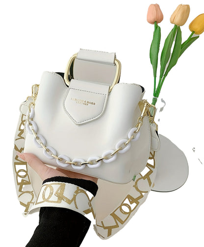 LuckeLadybug LLC fashion top handle bucket bag in white with a stylish gold chain strap
