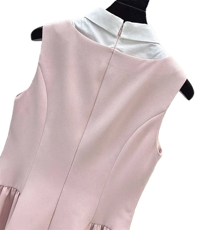 Back view of pink waist cinching mini dress for women featuring a collared neckline