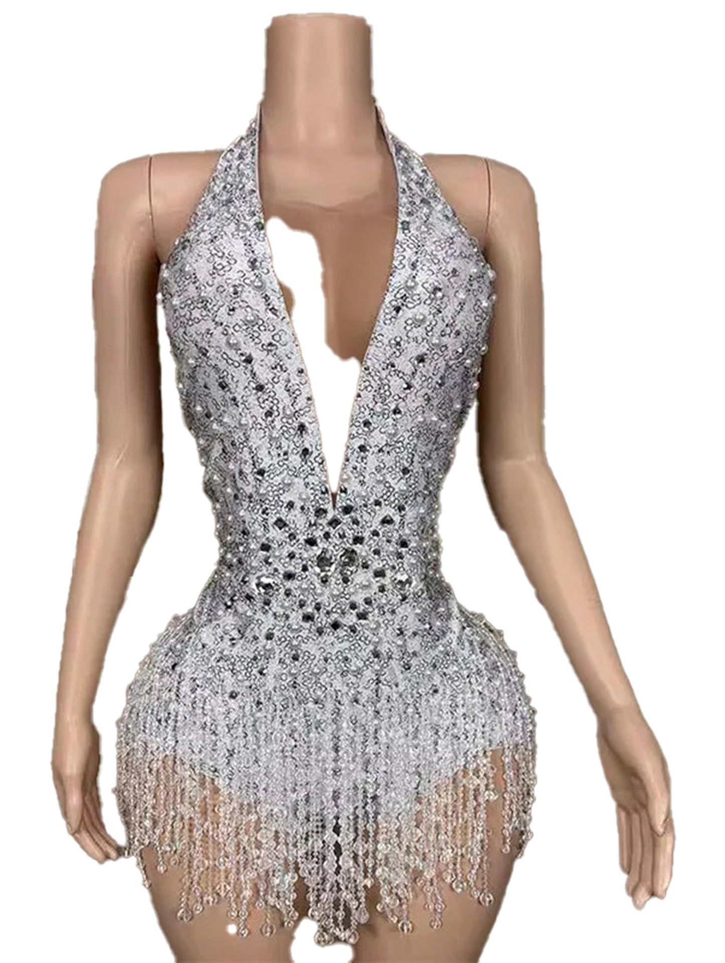 Sparkling silver waist cinching mini dress for women with fringe details for a glamorous look