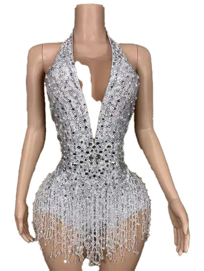Sparkling silver waist cinching mini dress for women with fringe details for a glamorous look