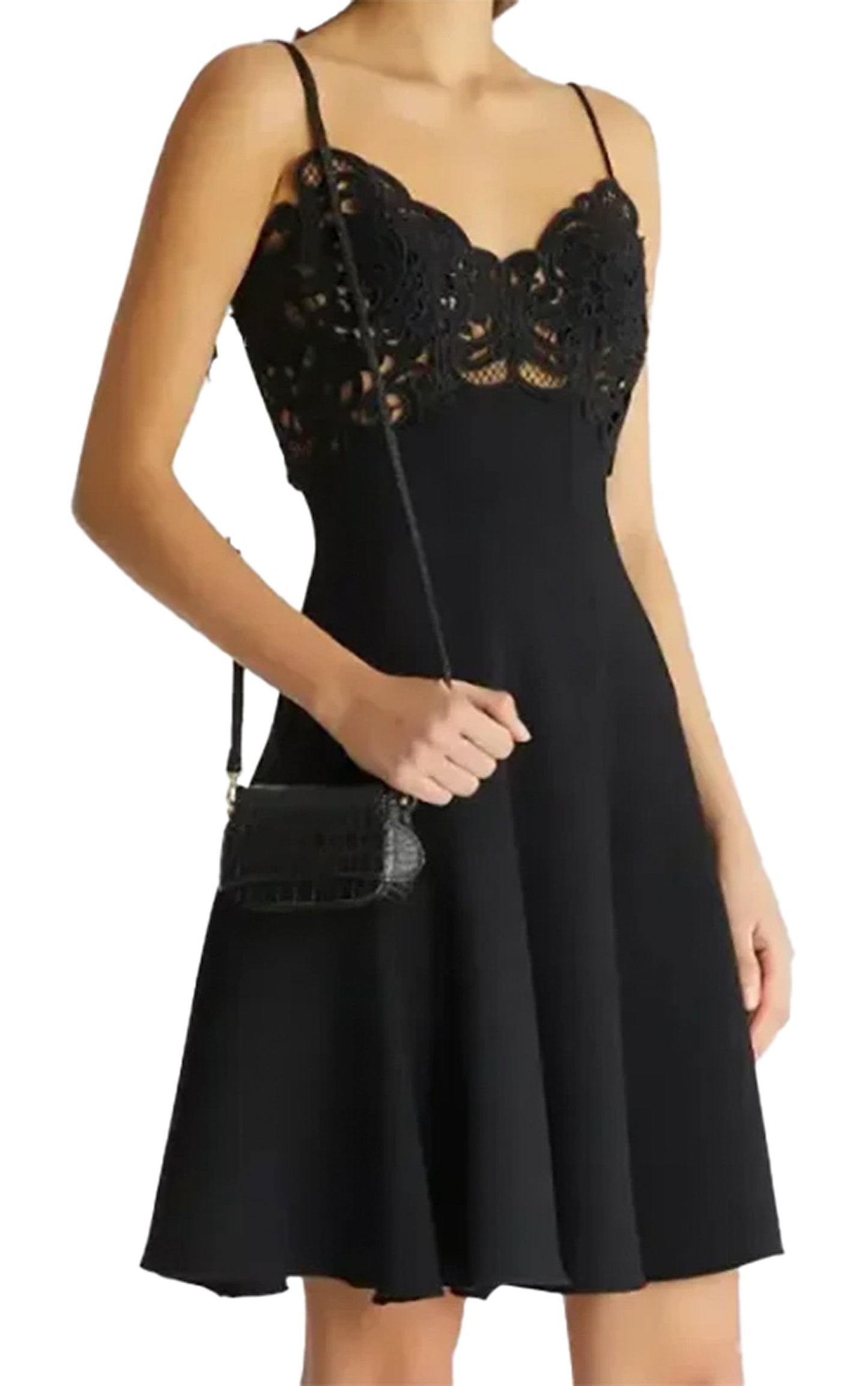 Black waist cinching mini dress for women with lace detailing and a flared skirt
