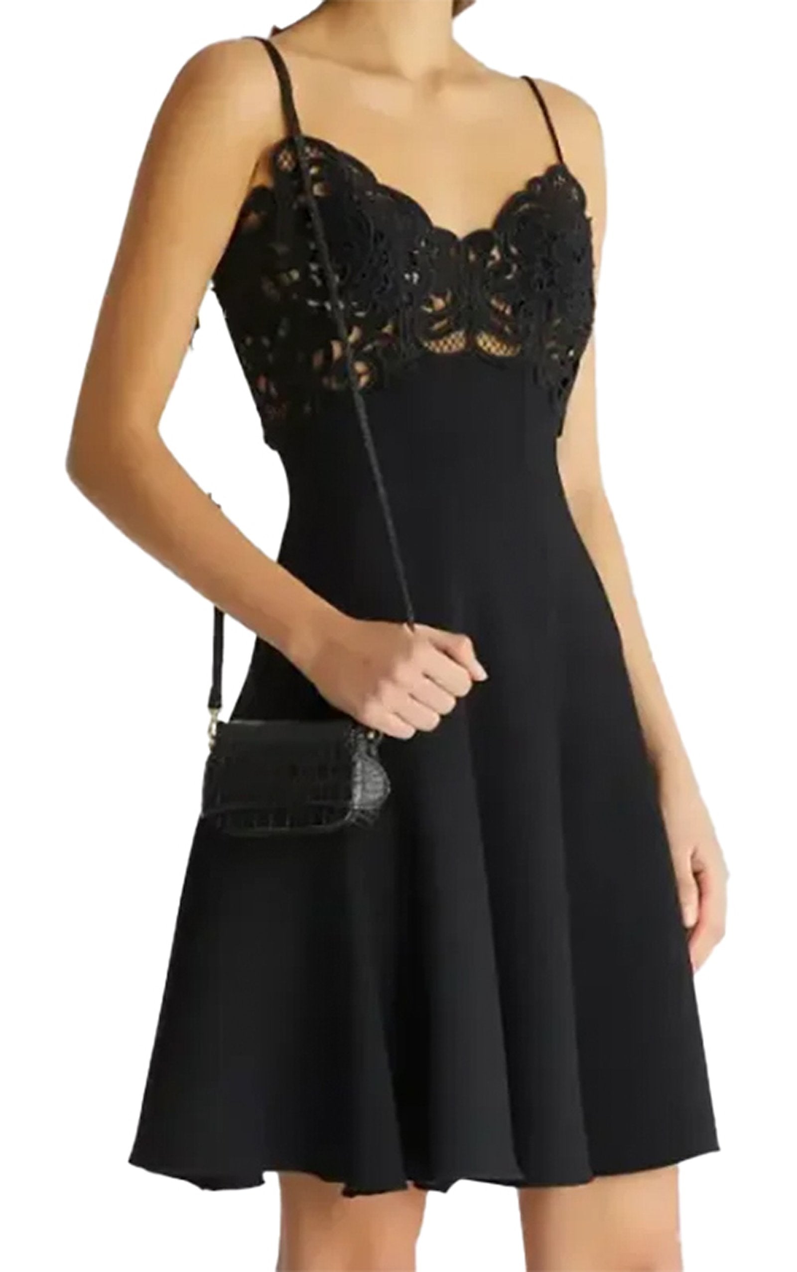 Black waist cinching mini dress for women with lace detailing and a flared skirt