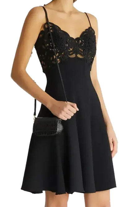 Black waist cinching mini dress for women with lace detailing and a flared skirt