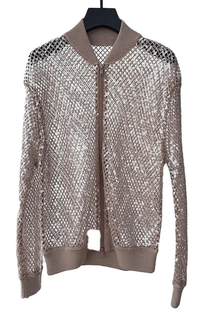 LuckeLadybug LLC lightweight mesh cardigan in beige perfect layering over waist cinching mini dress for women