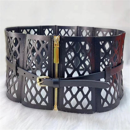 Black waist cinching mini dress for women with stylish cut-out design and adjustable buckle closure