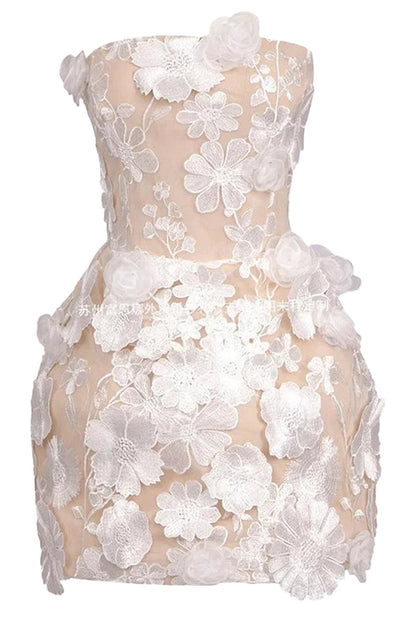 LuckeLadybug LLC waist cinching mini dress for women in nude with intricate floral embroidery design