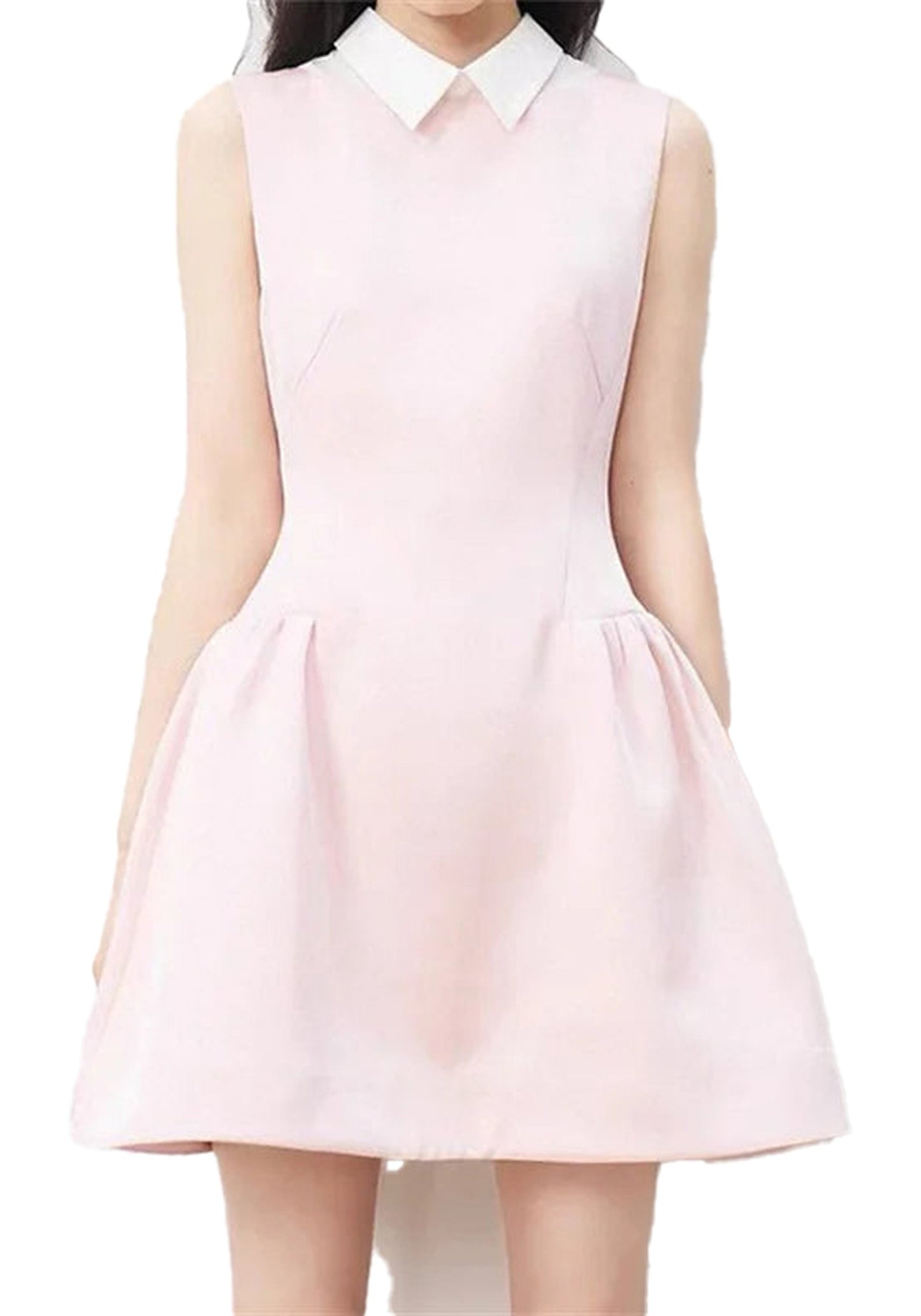Pink waist cinching mini dress for women with a white collar and flared skirt for a stylish look