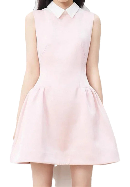 Pink waist cinching mini dress for women with a white collar and flared skirt for a stylish look