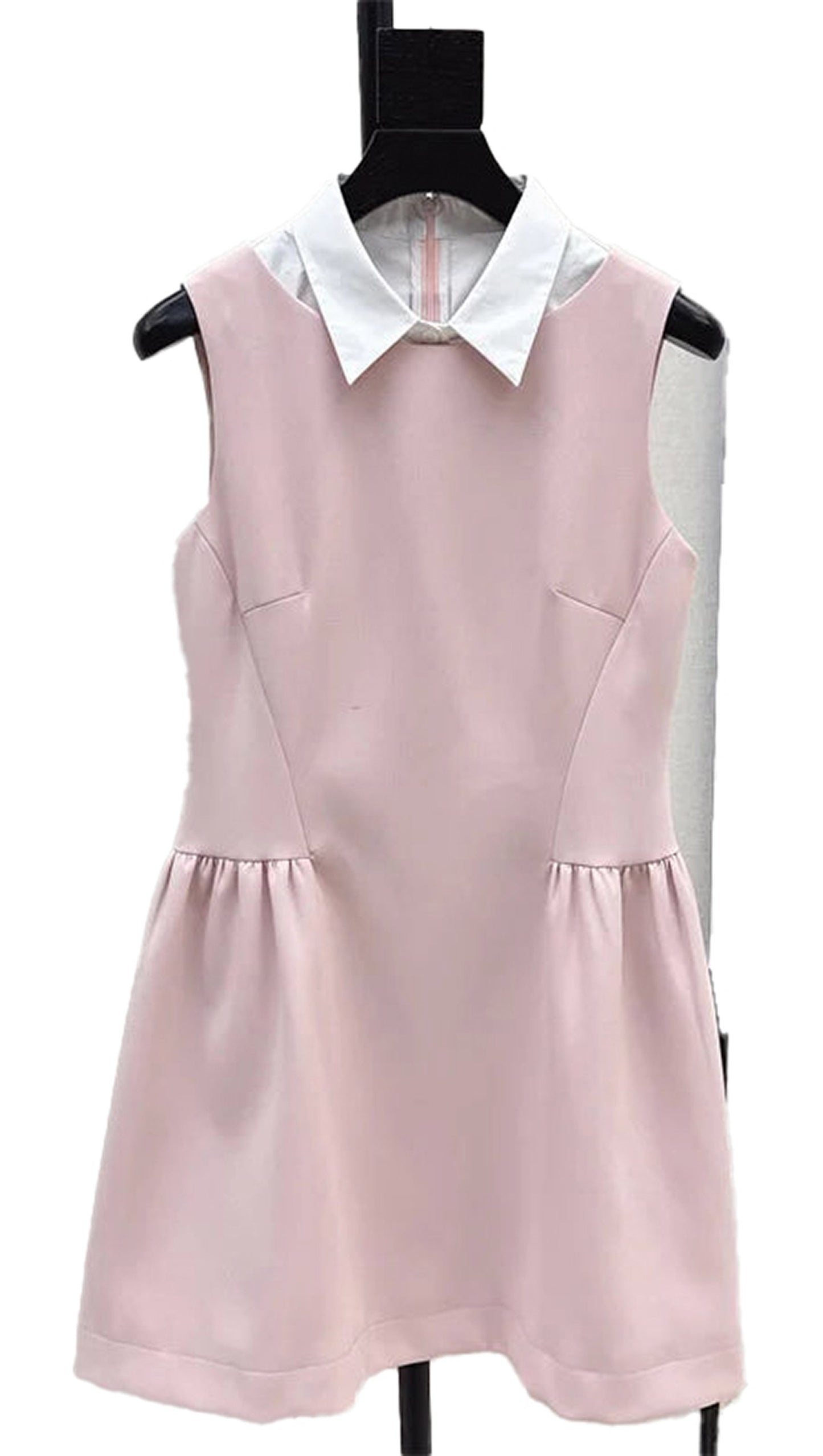 Pink Swing Waist Cinching Mini Dress for Women with White Collar and Pleated Skirt