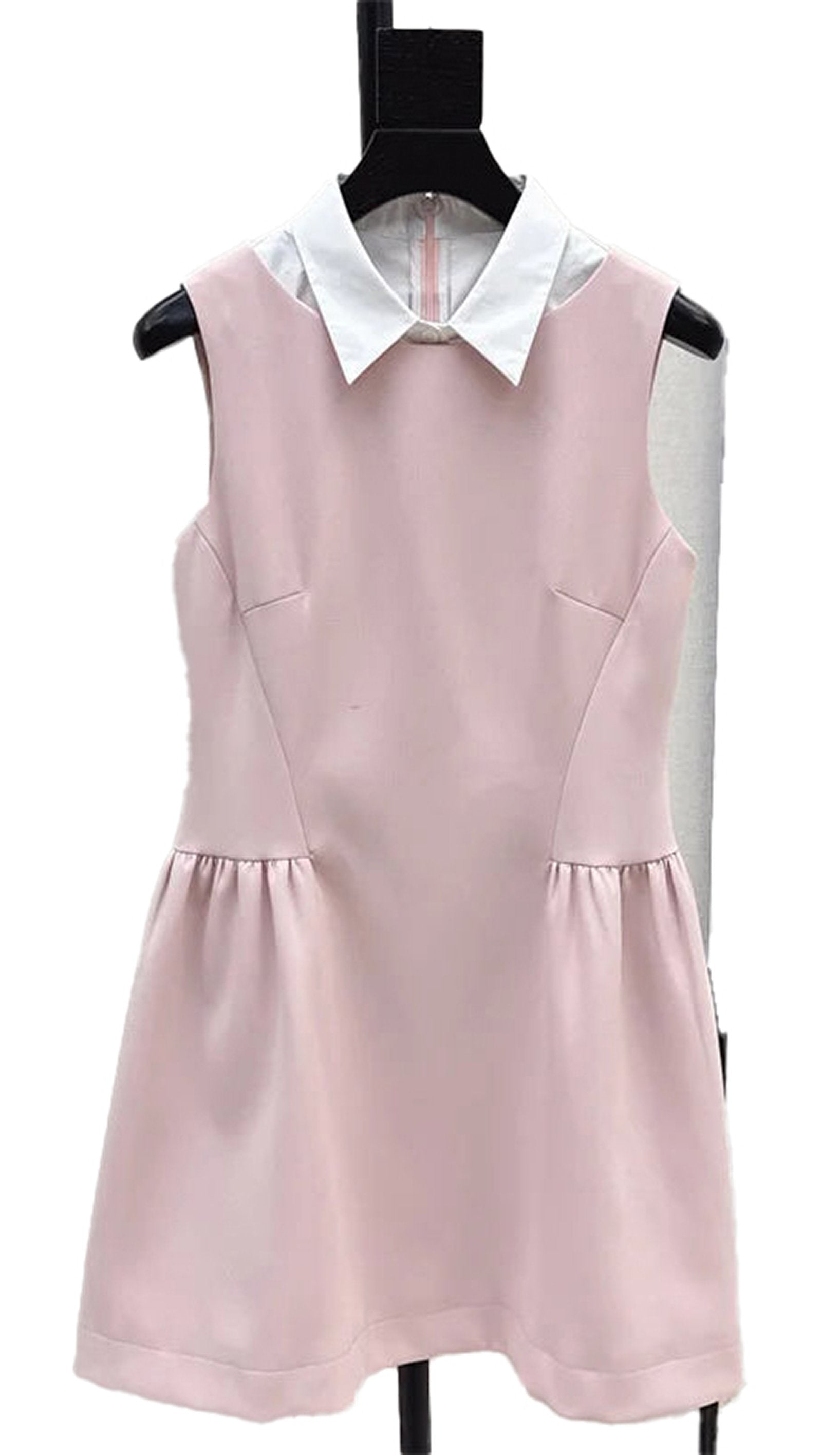 Pink Swing Waist Cinching Mini Dress for Women with White Collar and Pleated Skirt