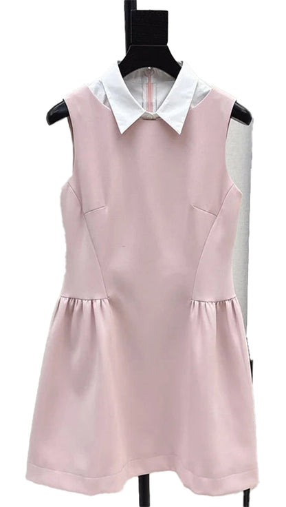 Pink Swing Waist Cinching Mini Dress for Women with White Collar and Pleated Skirt