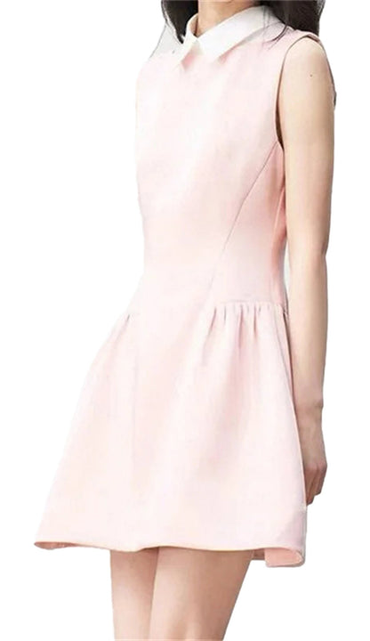Light pink waist cinching mini dress for women with a classic collar and flared skirt