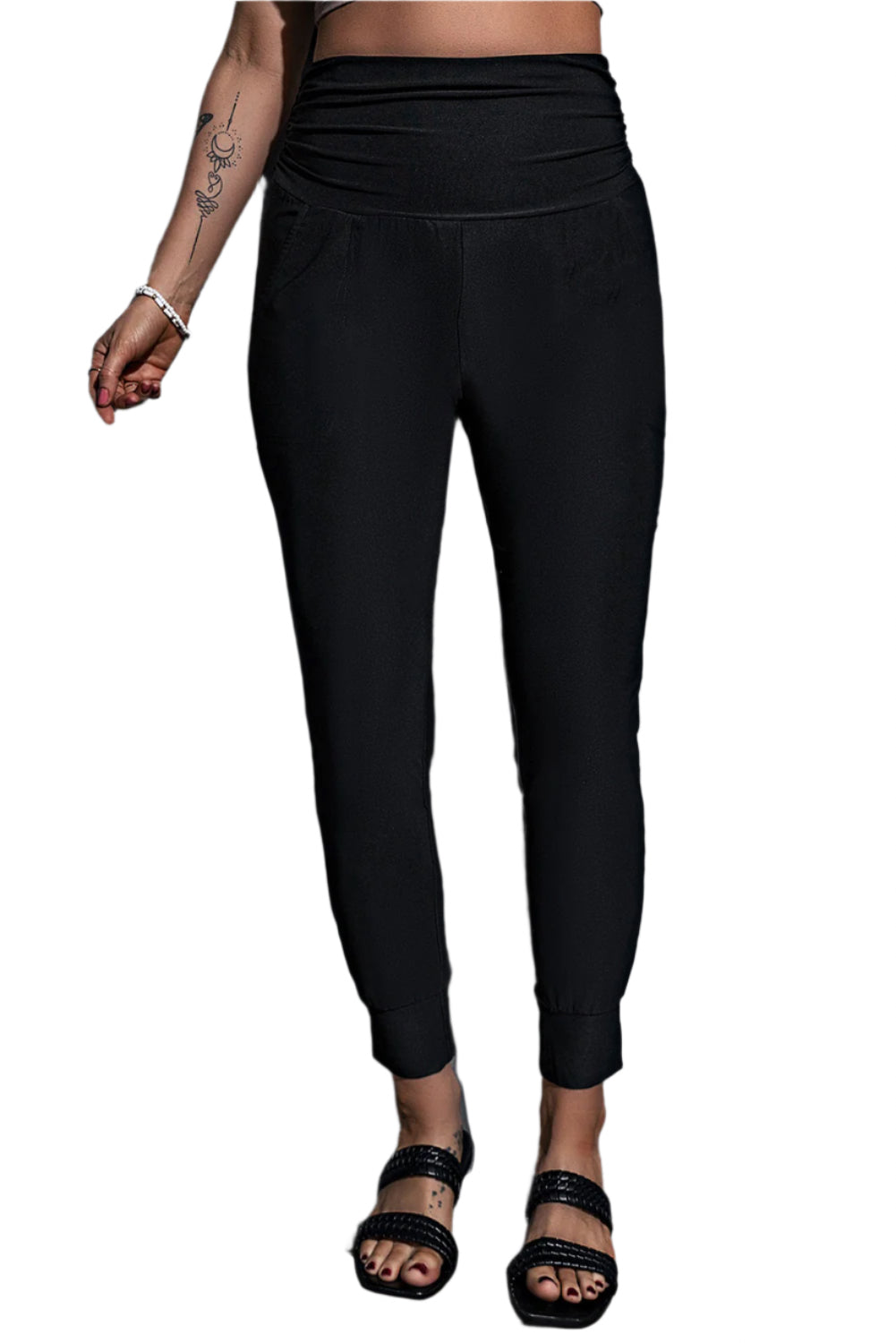 LuckeLadybug black fashionable leggings with pockets featuring a high waistband and cuffed ankles
