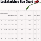 LuckeLadybug size chart showing measurements for fashionable one piece swim dress in various sizes