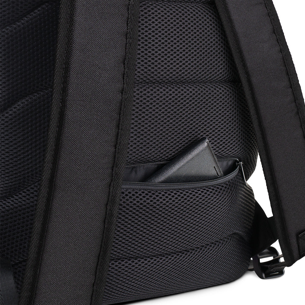 Close-up of black LuckeLadybug backpack with padded mesh back and side pocket showing a smartphone in a fashionable school backpack for teens