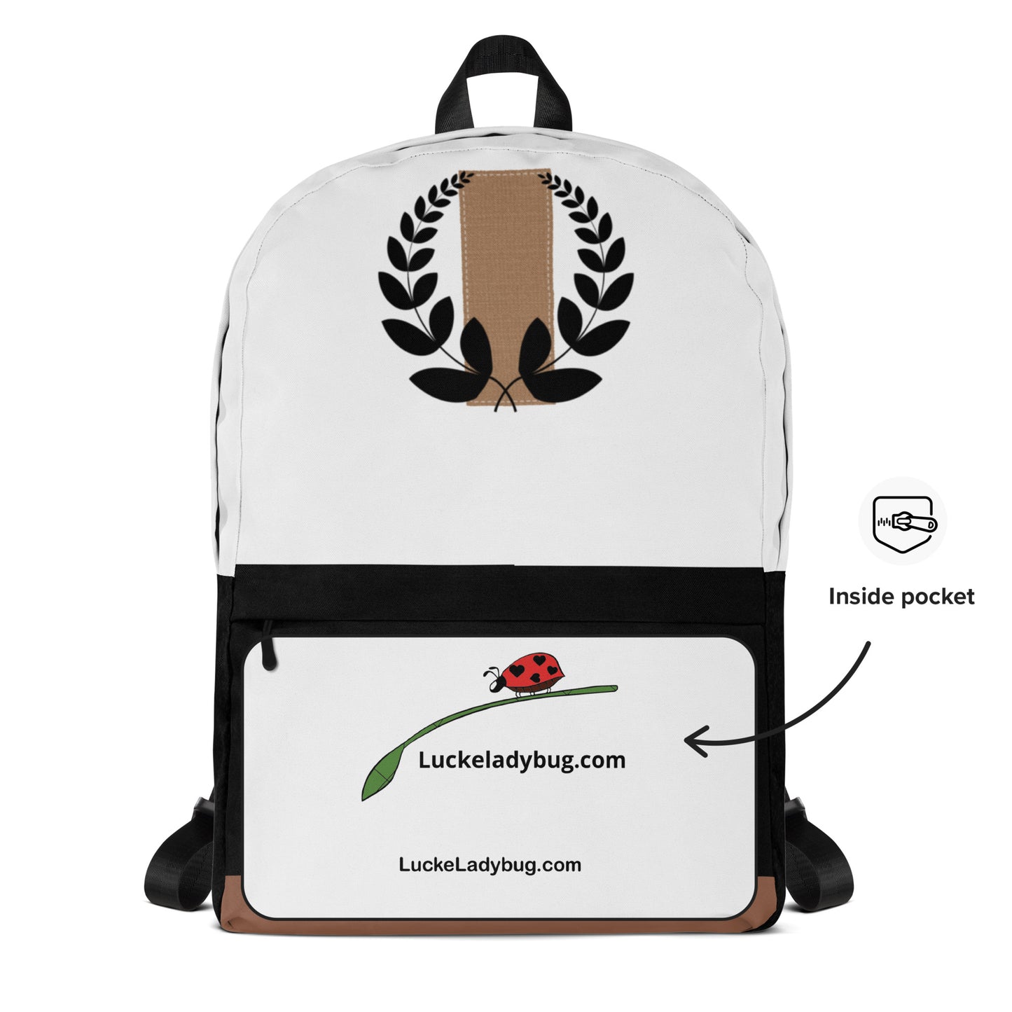 LuckeLadybug fashionable school backpack for teens in white and black with front pocket and ladybug design