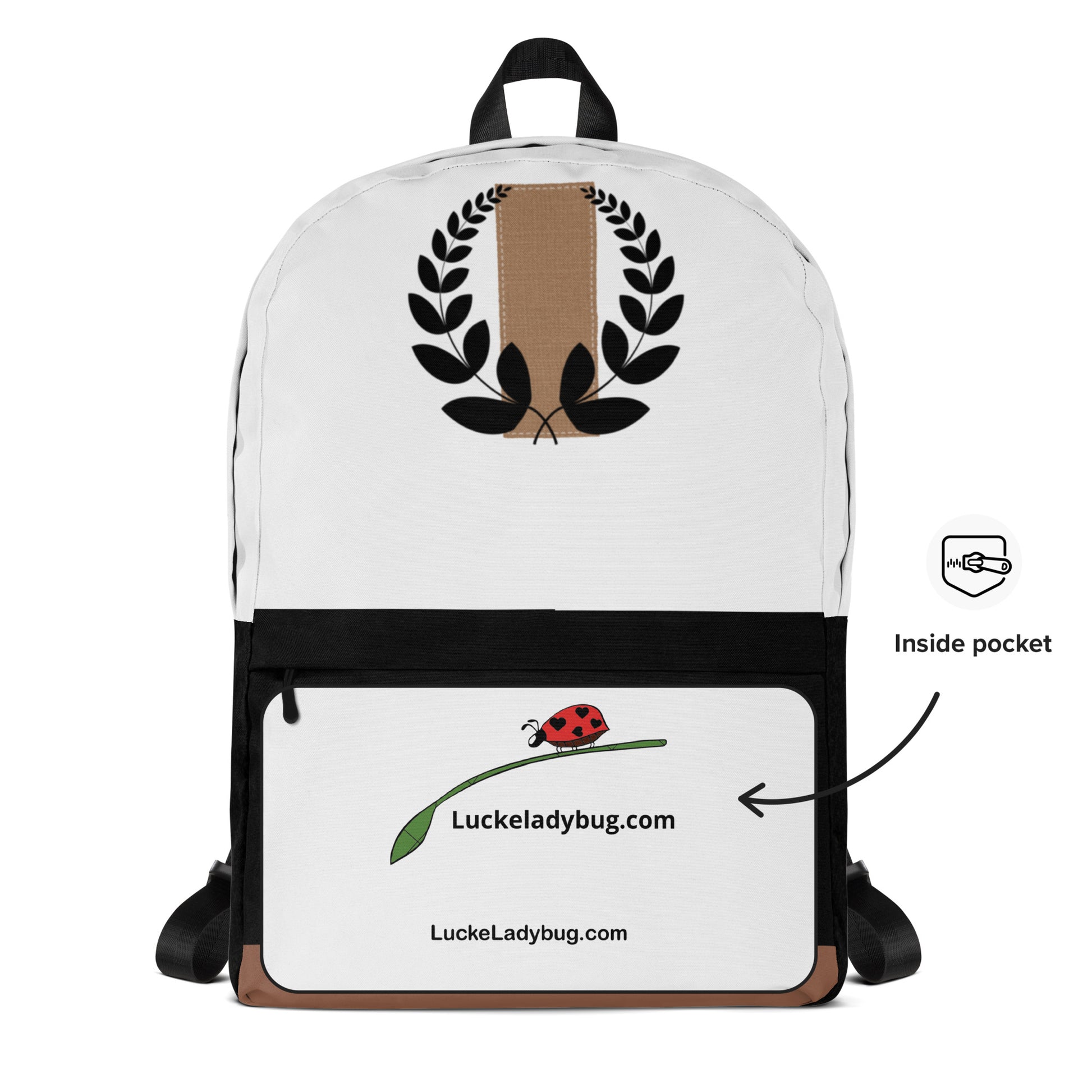 LuckeLadybug fashionable school backpack for teens in white and black with front pocket and ladybug design