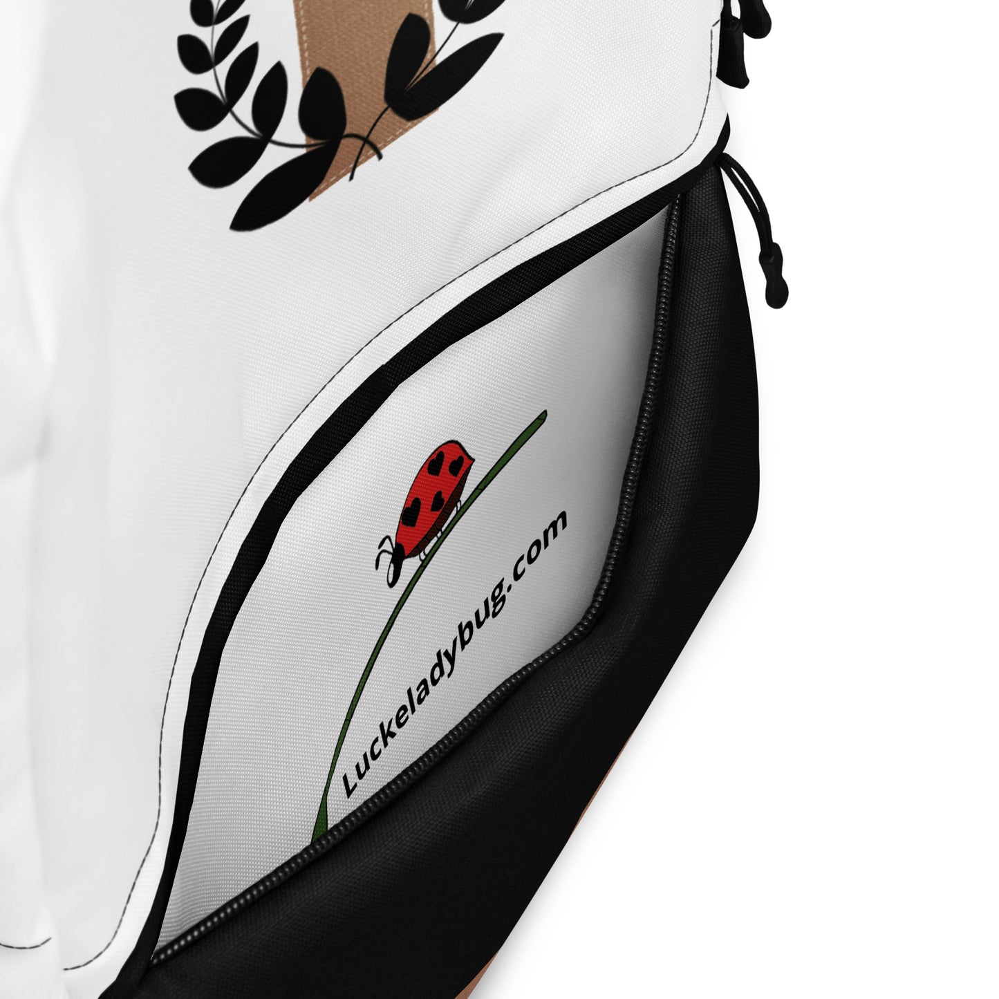 Close-up of LuckeLadybug fashionable school backpack for teens showing zipper and ladybug logo detail
