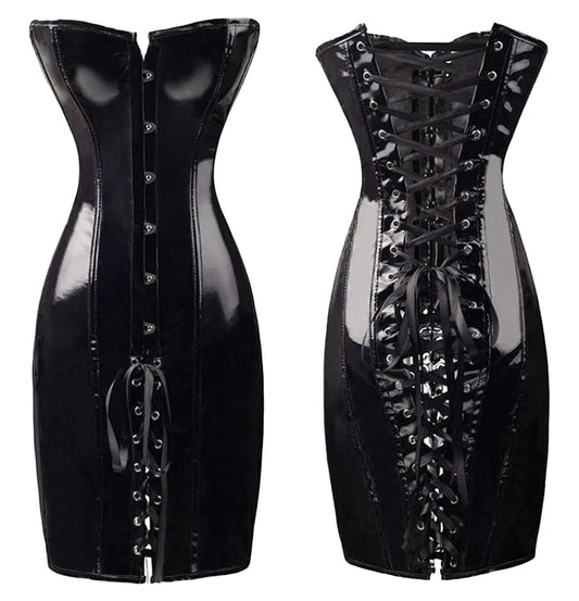 Faux leather corset dress in black with lace-up detailing and a fitted silhouette for a stylish look