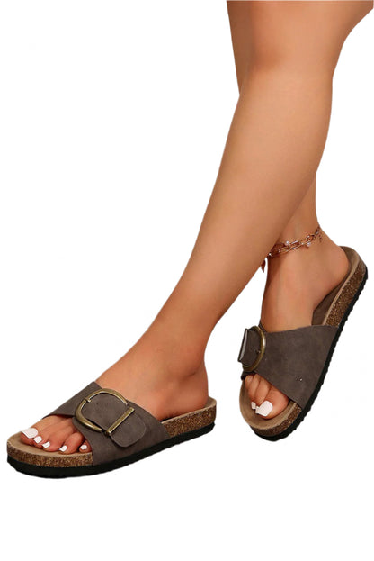 LuckeLadybug LLC faux suede thick sole sandals with buckle detail on model's feet