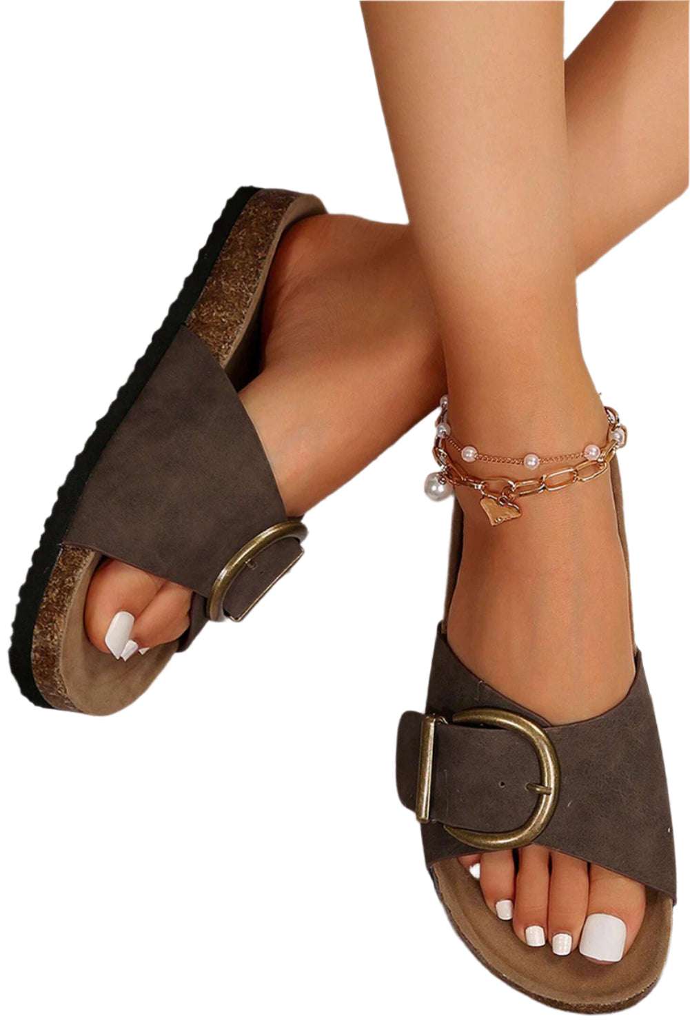 LuckeLadybug LLC faux suede thick sole sandals in brown with large buckle and comfortable footbed