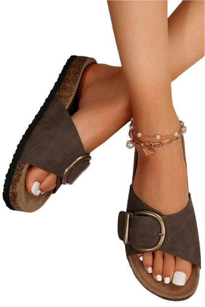 LuckeLadybug LLC faux suede thick sole sandals in brown with large buckle and comfortable footbed