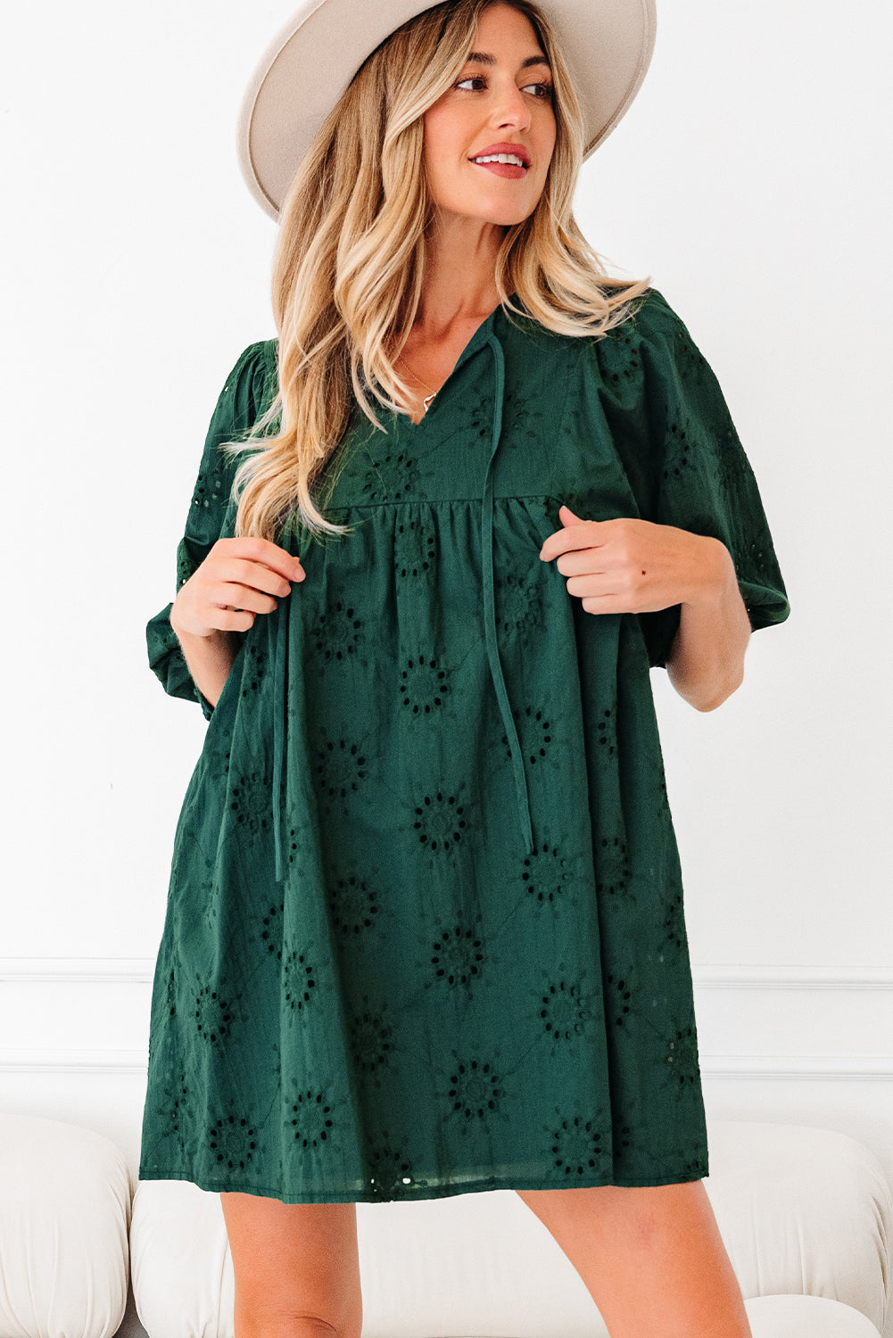 Embroidered Eyelet Mini Dress, Puff Sleeve