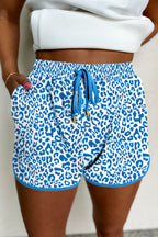 White Leopard Elastic Waistband Lace up Contrast Trim Casual Shorts