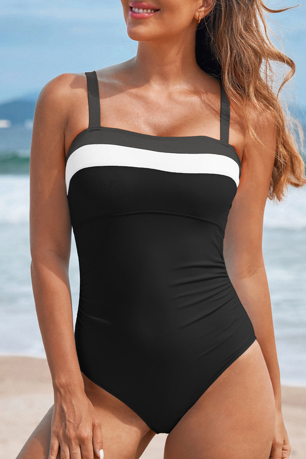 LuckeLadybug LLC Black One-Piece Swimsuit Bathing Suits with White Stripes for Beachwear