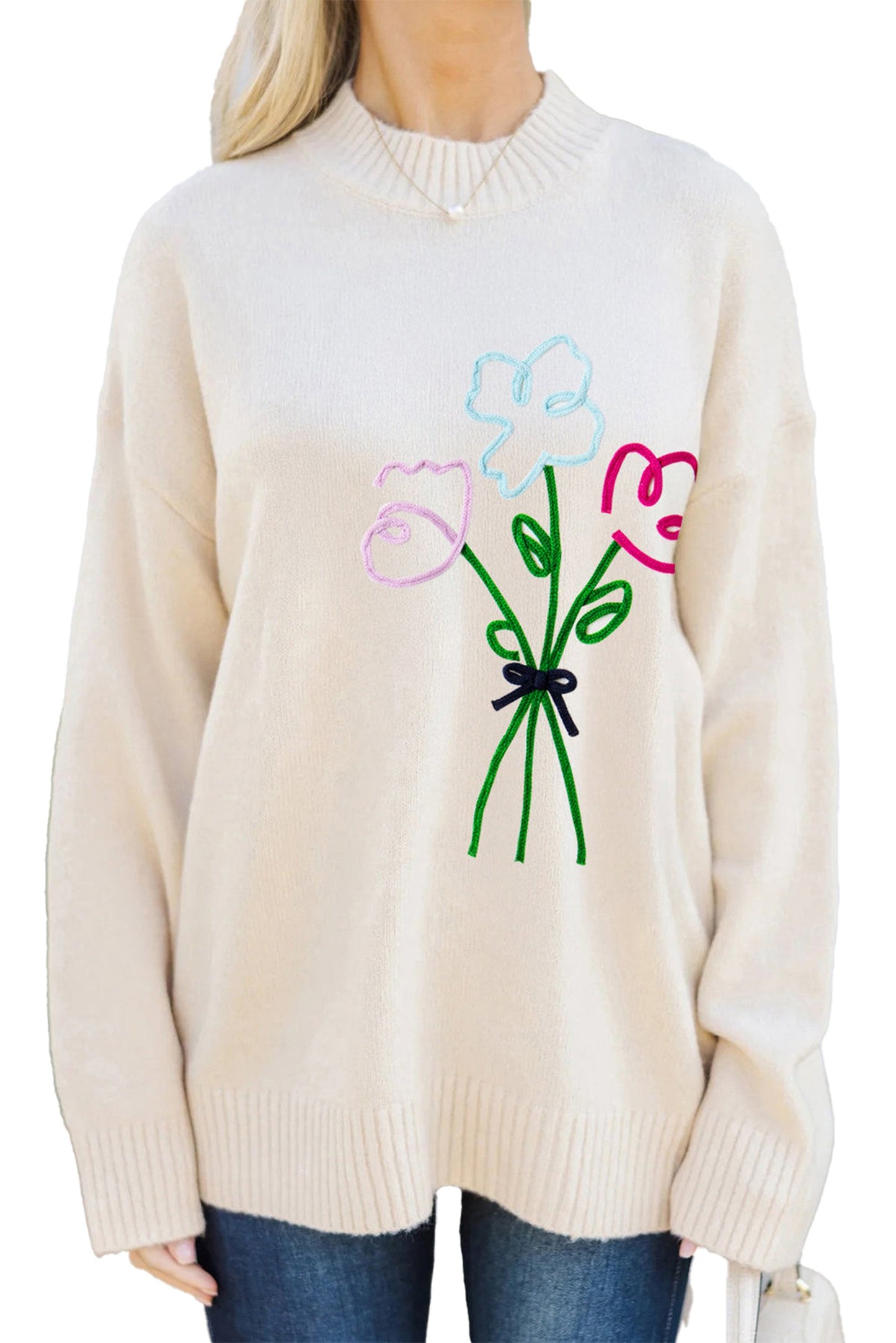 White Embroidered Flower Sweater