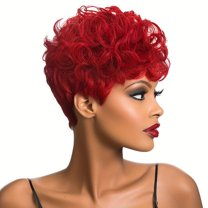 Short curly pixie cut wig in vibrant red color with soft, bouncy curls for a stylish look