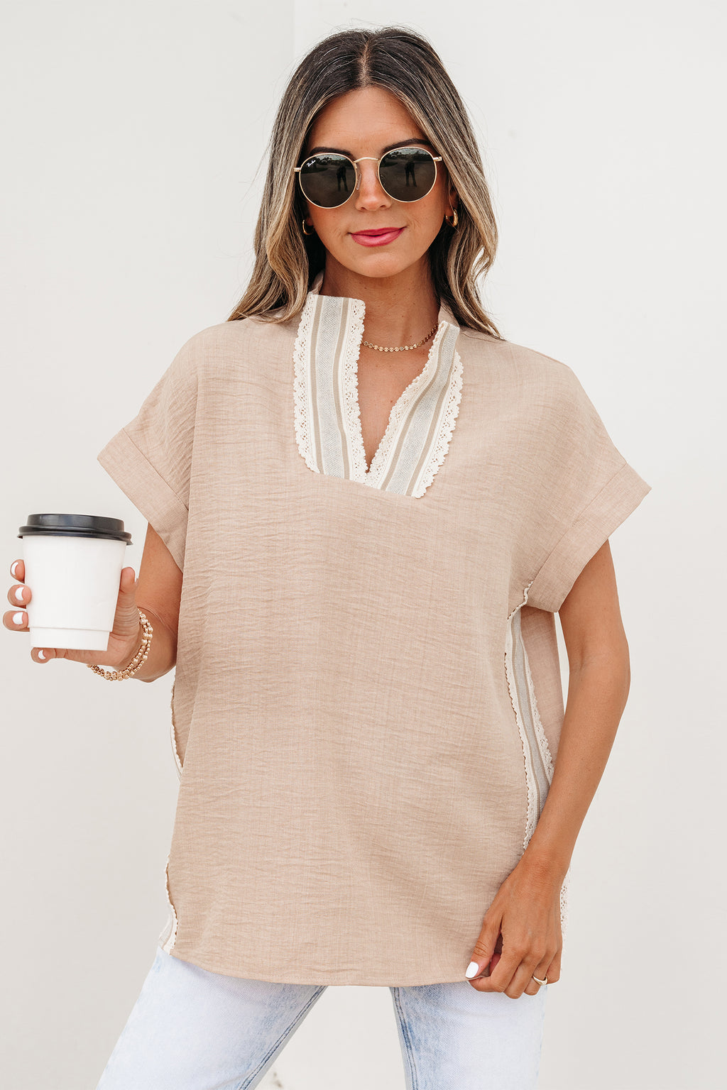 Parchment Crochet Lace Accent Pullover Rolled Short Sleeve Blouse