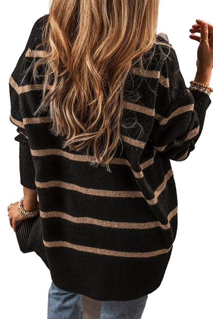 Black Stripe Buttoned Cardigan For Fashionistas