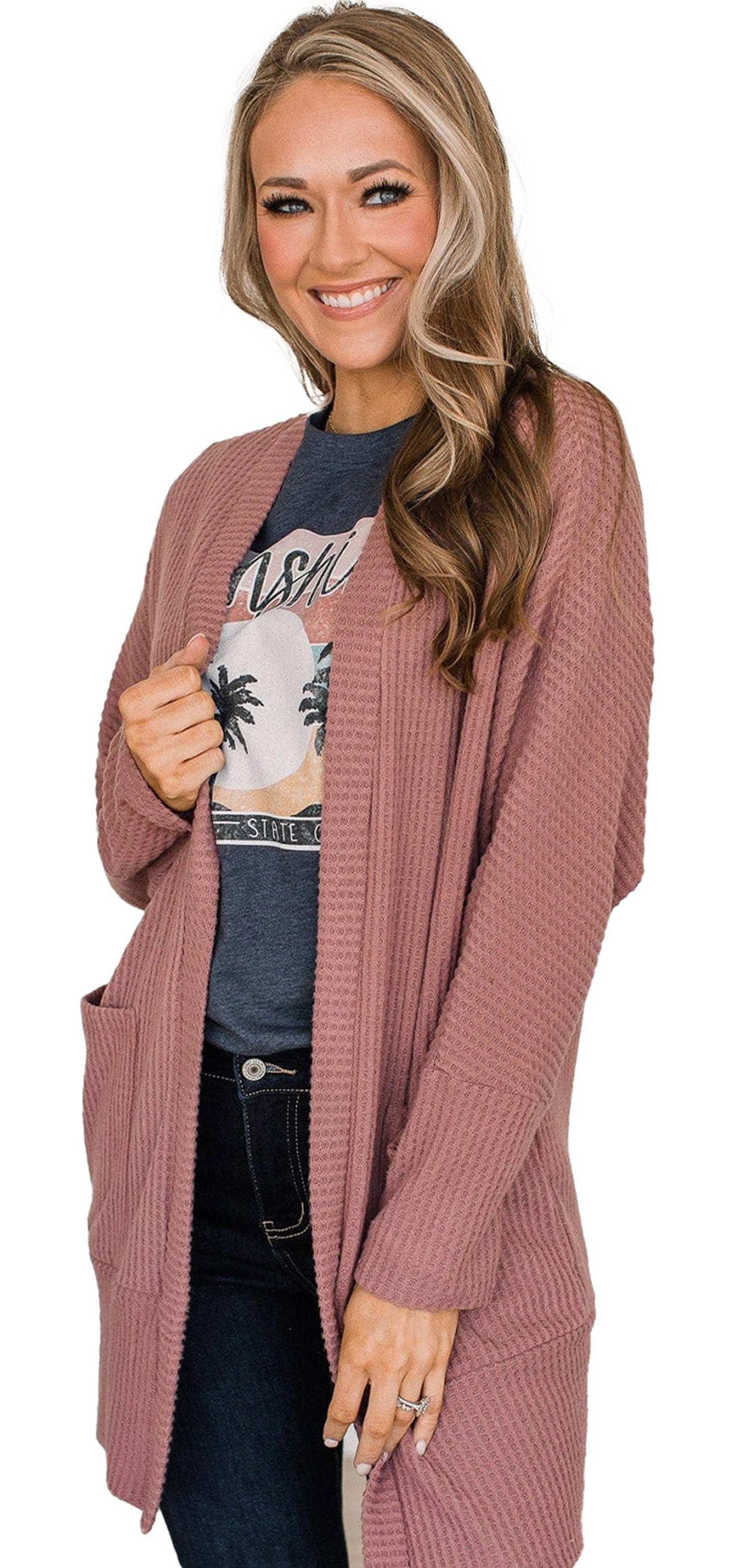 Mineral Red Waffle Knit Cardigan