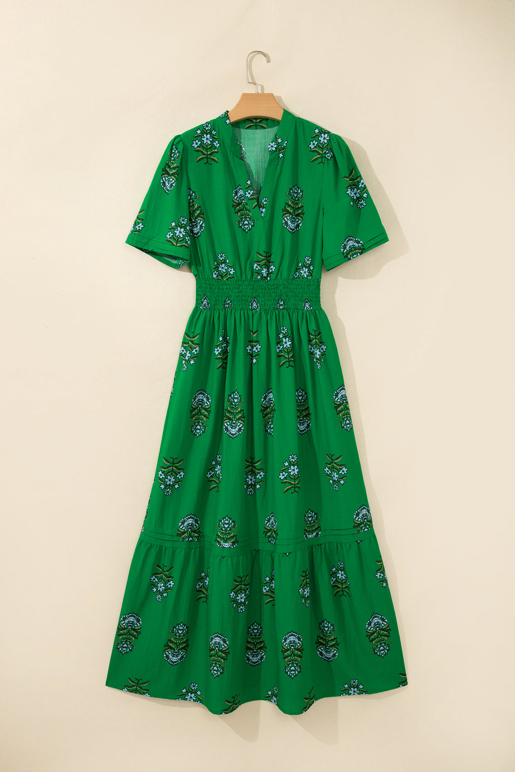 Green Floral Print Split Neck Shirred High Waist Ruffle Hem Maxi Dress