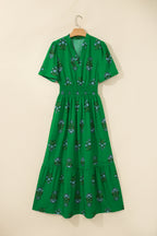 Green Floral Print Split Neck Shirred High Waist Ruffle Hem Maxi Dress